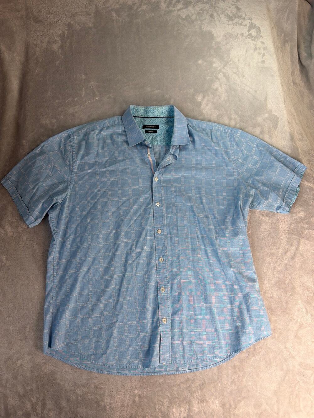 Bugatchi Mens Shirt XXL Blue Geometric Abstract Short Sleeve Button Up 2XL